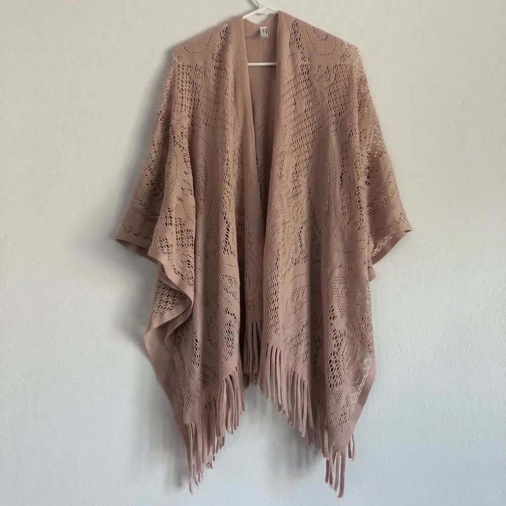Woolworths delicate crochet lace fringe shawl open cardigan blush pink OS